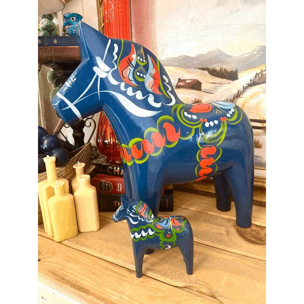Vintage Nils Olsson Swedish Blue XL Dala Horse – Hand Painted Wood –